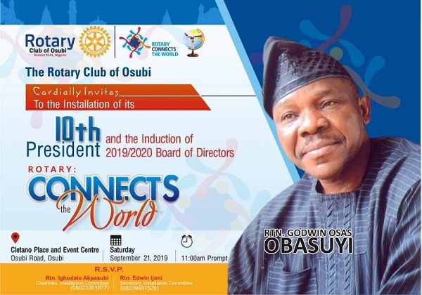 Obasuyi to be installed as 10th President of Rotary Club of Osubi
