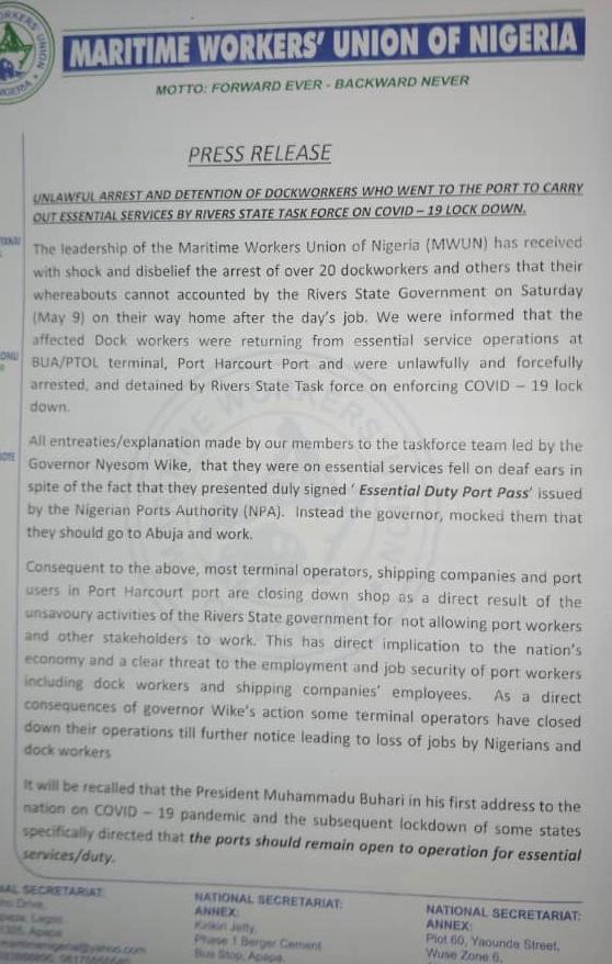 Maritime Workers' Union expresses shock over the arrest of 20 Dockworkers, others