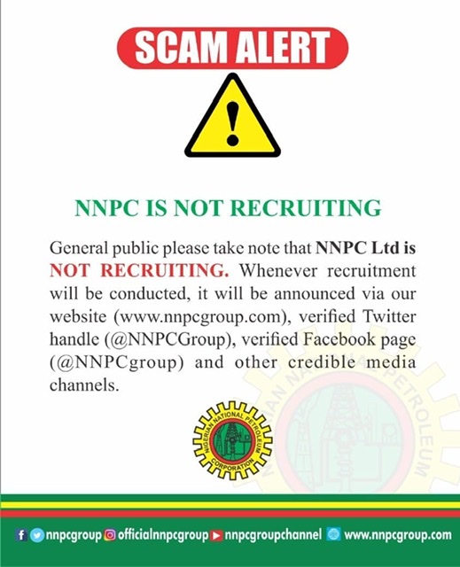 Breaking: NNPC raises scam alert, says we are not recruiting
