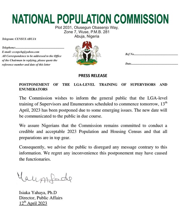 Census 2023 faces postponement as NPC confirms indefinite rescheduling of LGA-Level Training of Supervisors, Enumerators