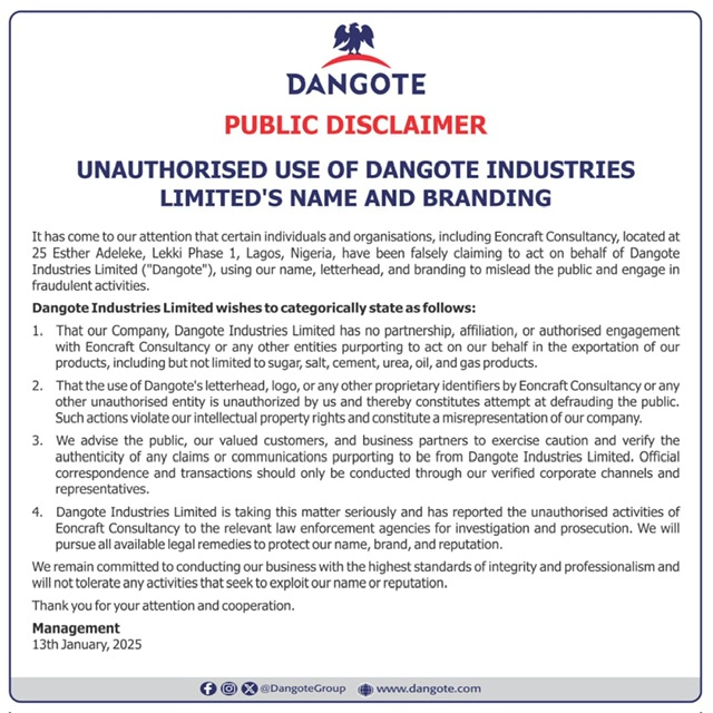 Dangote disowns Eoncraft Consultancy, says company’s action tantamount to fraud