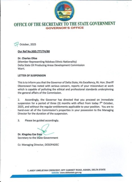 Oborevwori suspends Member Representing Ndokwa Nation in the Board of DESOPADEC