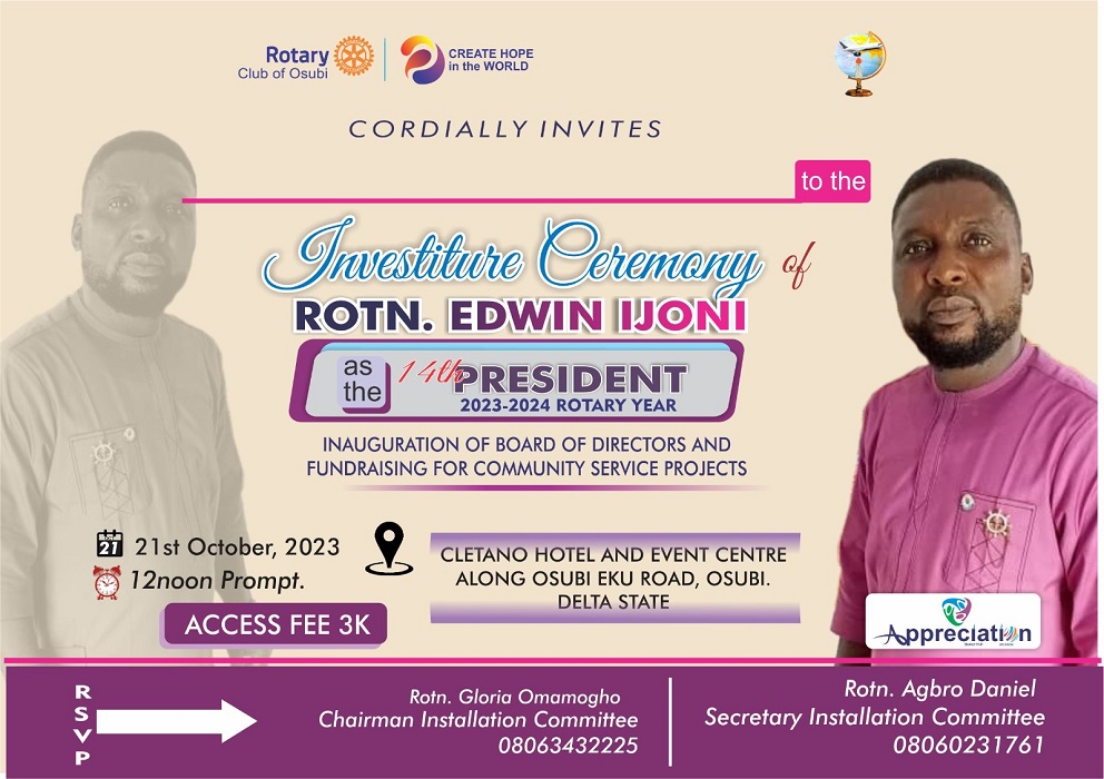 Rotn Edwin Ijoni to be installed 14th President, Rotary Club of Osubi