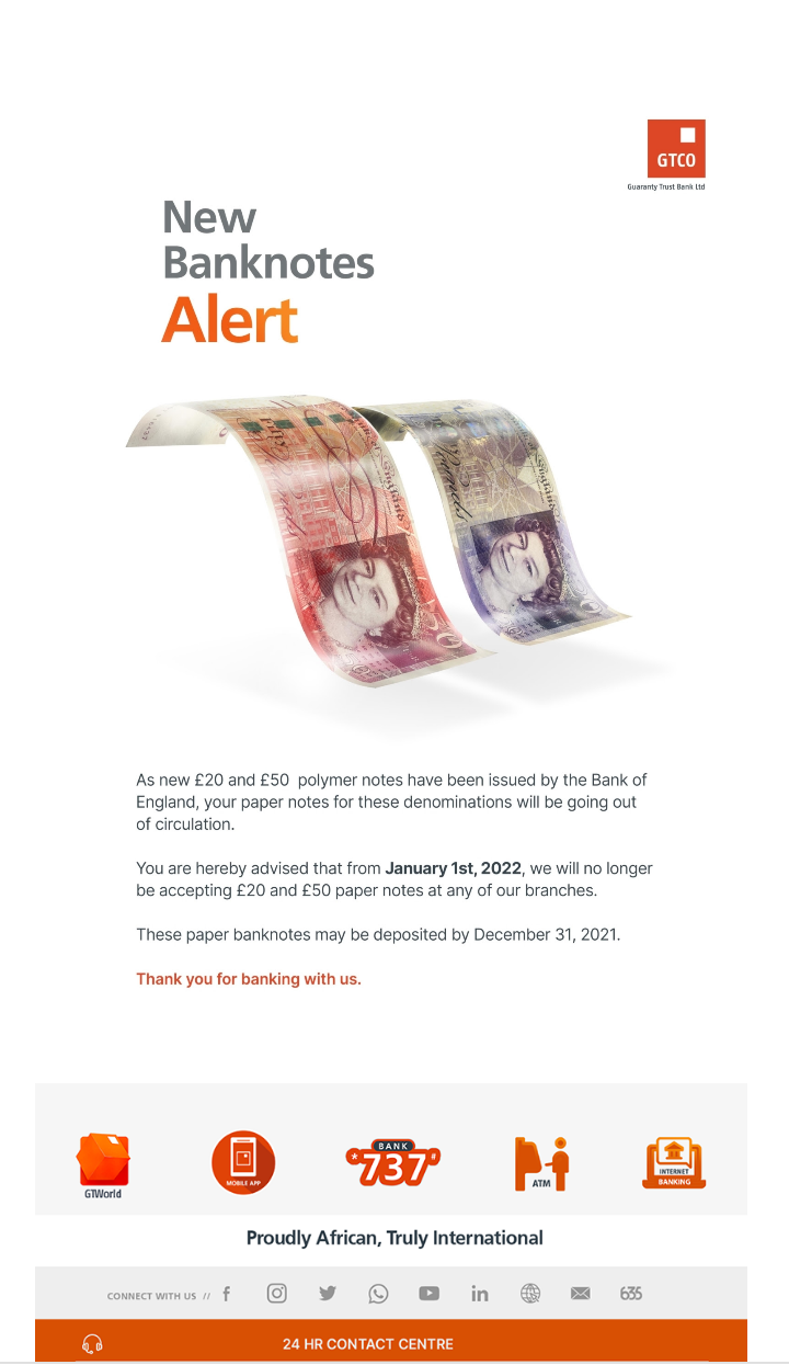 GTBank to stop accepting £20 and £50 from January 2022