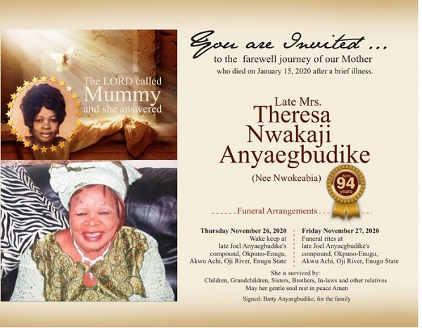 Late Theresa Anyaegbudike for interment November 27