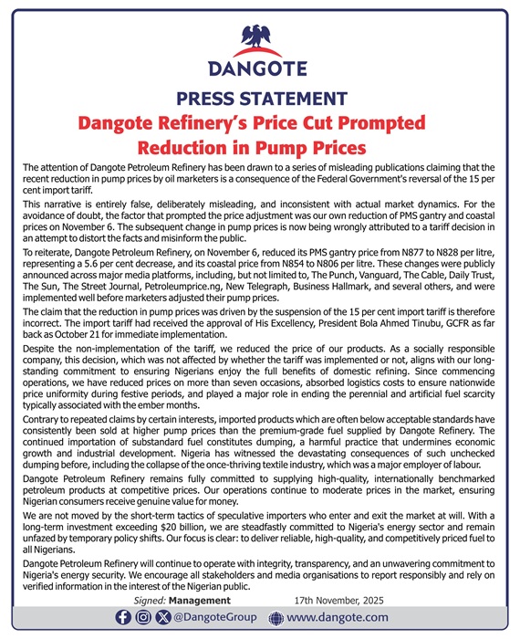 Dangote refinery says its price reduction by 5.6 percent reduces pump prices and not FG’s suspension of 15 percent import tariff on PMS, Diesel