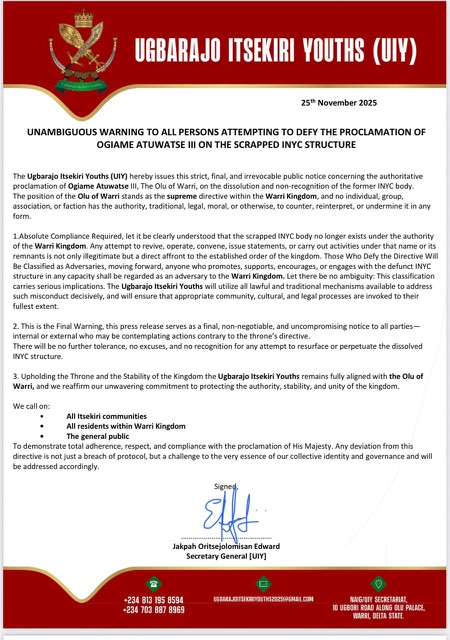 Ugbarajo Itsekiri Youths Warn Against Inauguration of New INYC Leadership