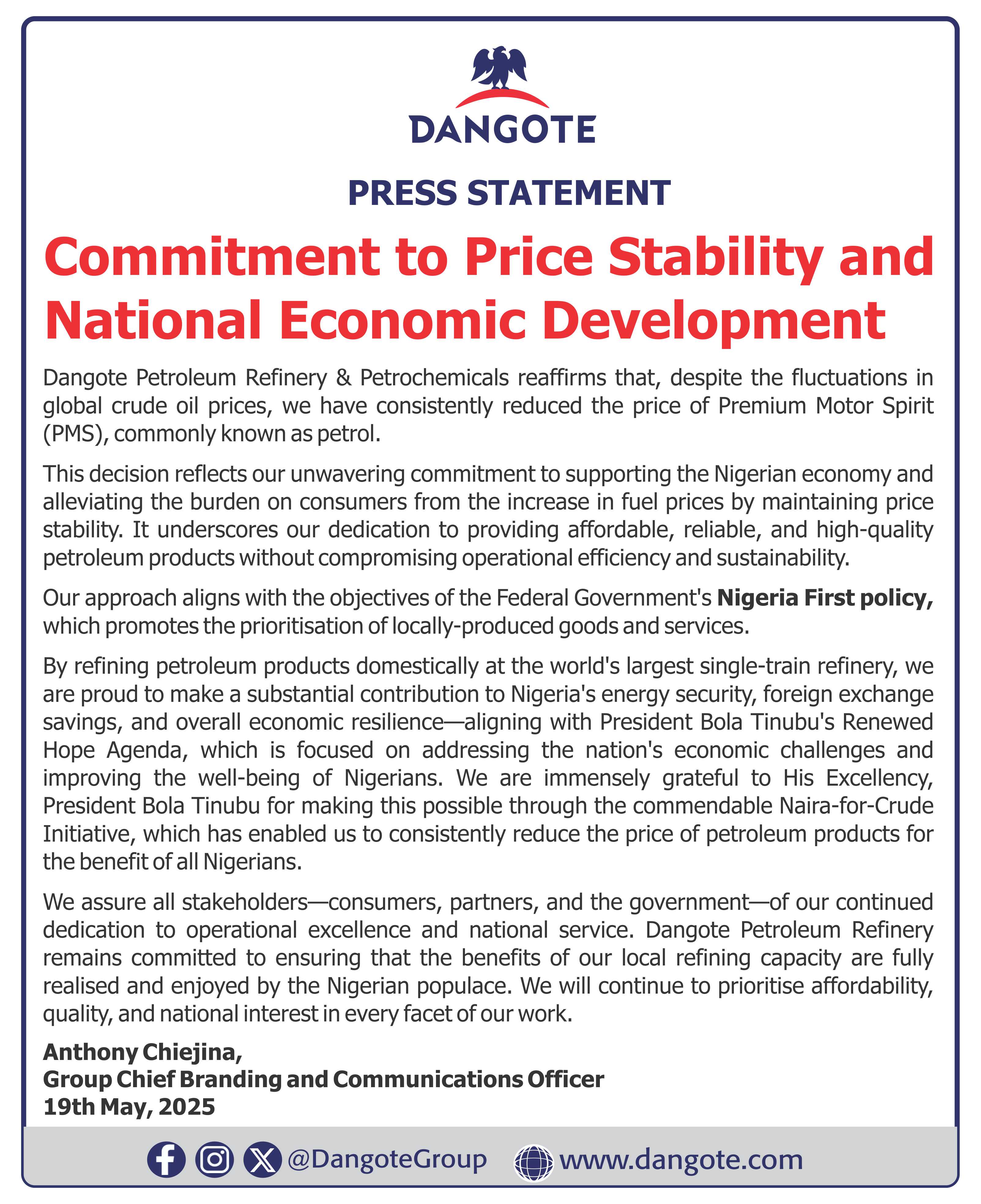 Dangote assures of Petrol price stability despite the increase in crude oil price
