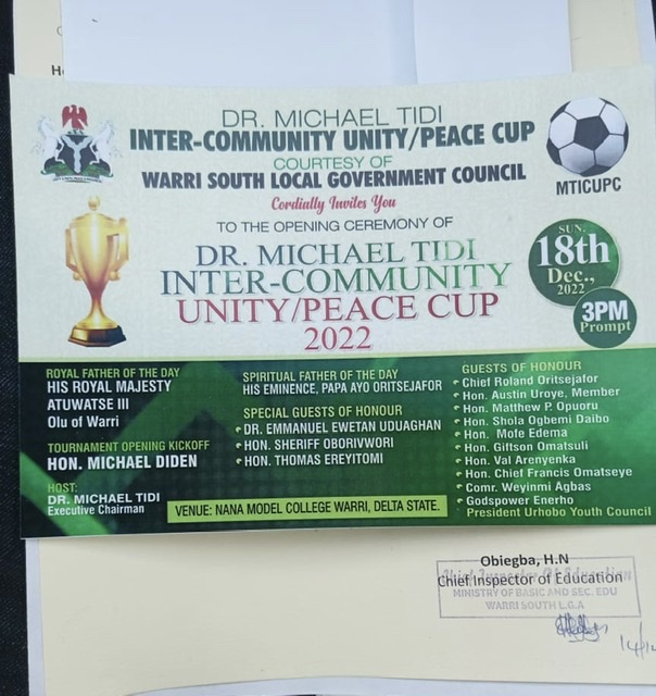 Heavyweights expected as Dr. Tidi Inter-Community Unity/Peace Cup, kicks off Sunday December 18