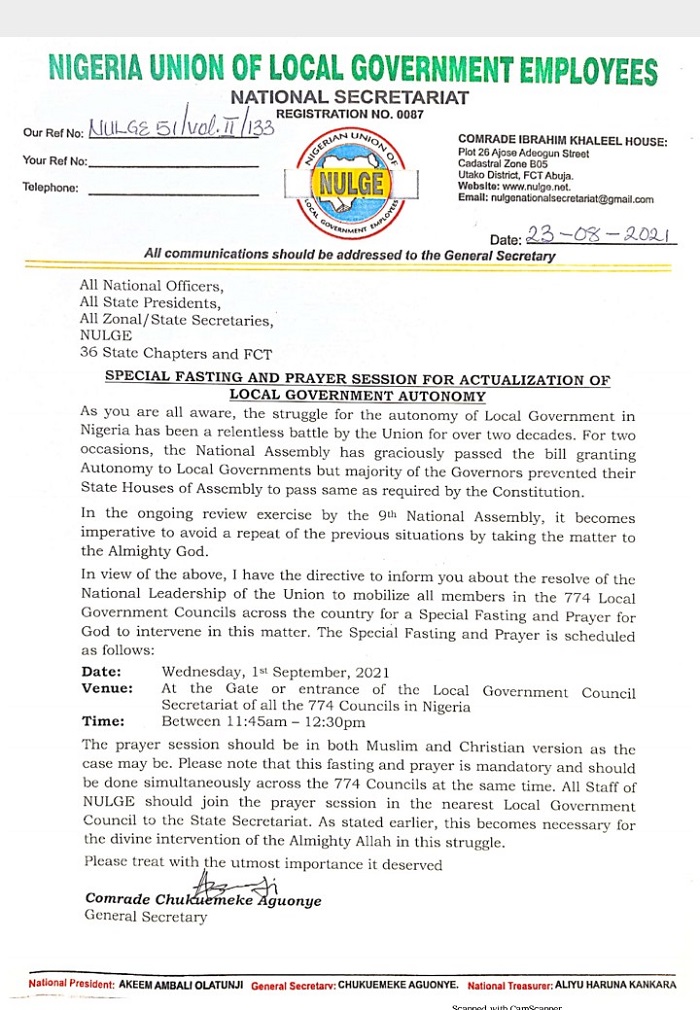 LG Autonomy: NULGE declares September 1 as fasting and prayer day in all 774 LGCs