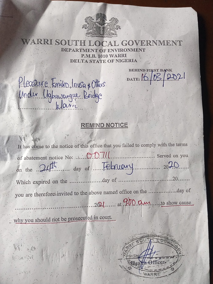 Abatement: Warri South Council issues reminder to illegal occupants under Warri Flyover