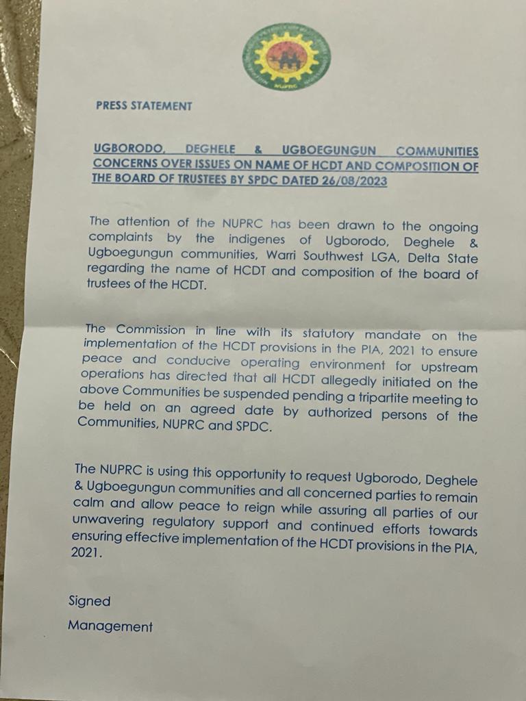 Breaking: NUPRC  orders suspension of HCDT allegedly initiated by SPDC in Ugborodo, Deghele, Ugboegungun