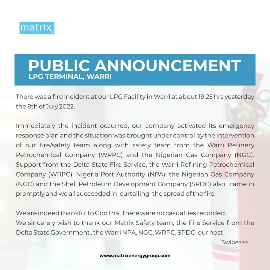 Matrix Energy, breaks silence on explosion that occurred at its LPG Terminal in Warri