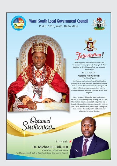 We have the privilege of being host to a First-Class Monarch like you, Warri South Council eulogizes Olu of Warri