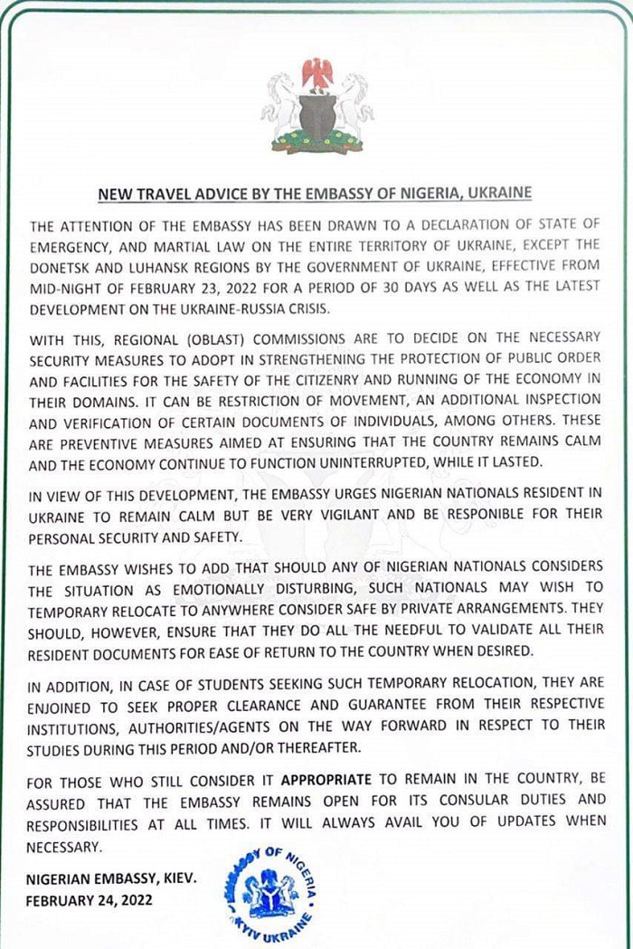 Relocate to anywhere you consider safe – Nigerian Embassy in Kiev tells Nigerians amid escalating Russia, Ukraine conflict