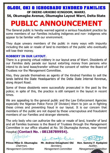 Warri: Olodi, Oki, Ighogbadu families of Okere-Urhobo Kingdom, alert of fraudulent sale, resale of lands