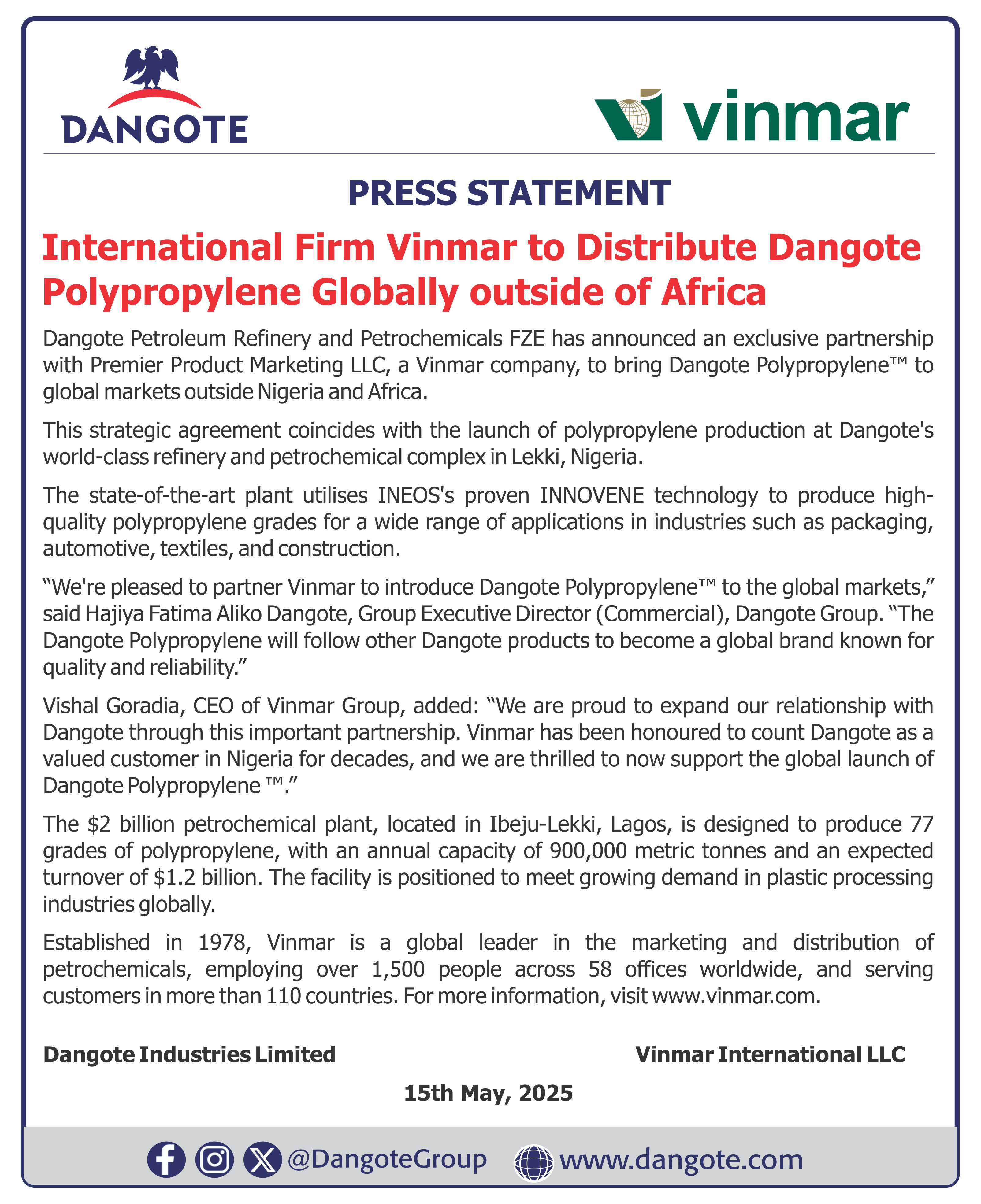 Polypropylene: Dangote partners Vinmar for global distribution