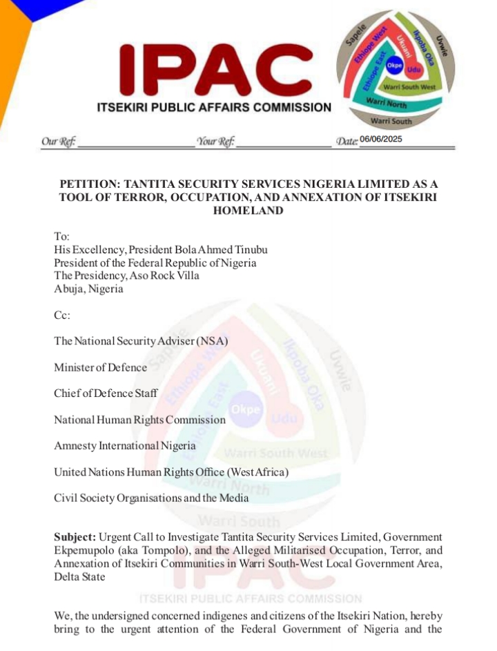 PETITION: TANTITA SECURITY SERVICES NIGERIA LIMITED AS A TOOL OF TERROR, OCCUPATION, AND ANNEXATION OF ITSEKIRI  HOMELAND