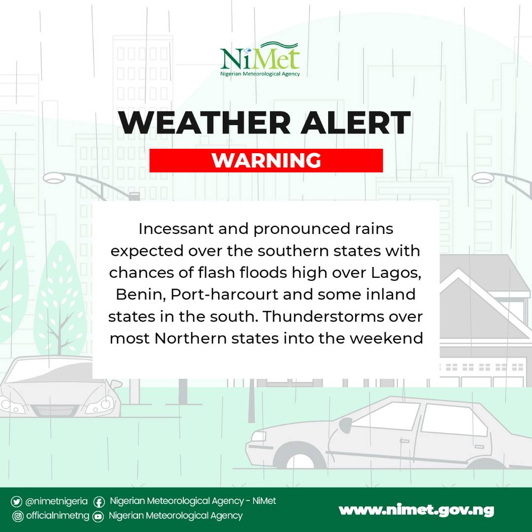 NiMet warns of flash floods, thunderstorms across Nigeria this weekend