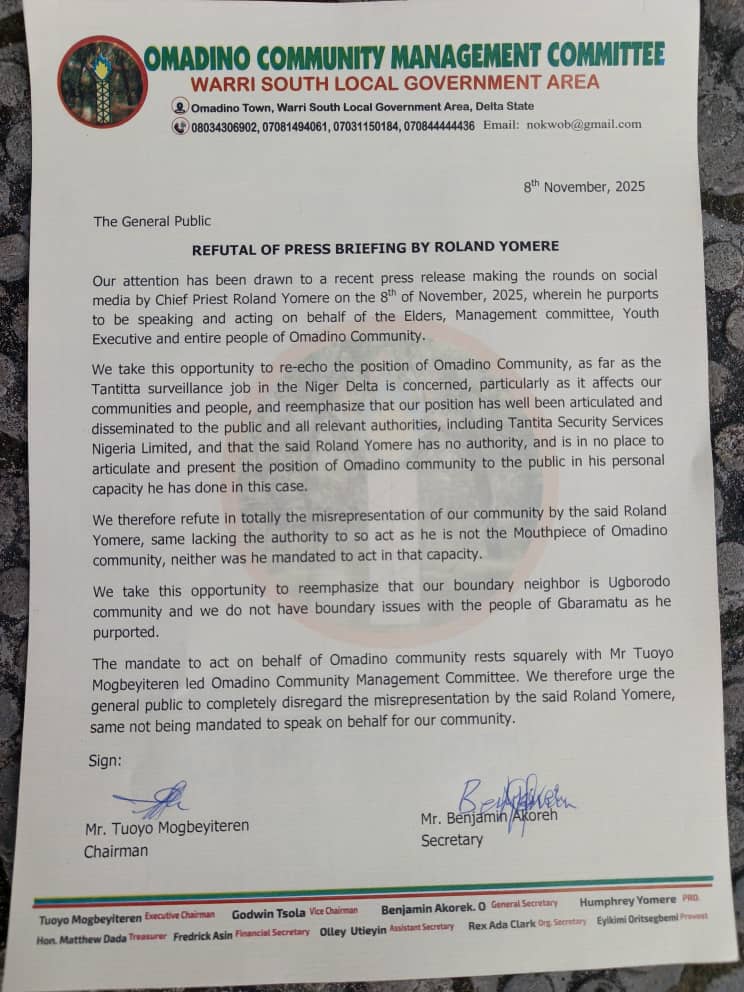Omadino Community disown  Roland Yomere's claim of  alliance with Tantita Security Services