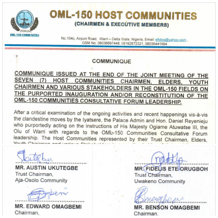 OML-150 Fields: We reject the letter written by Chief Maleghemi, giving authority to Monday Agbeyi led forum – Host Communities’ Chairmen, others