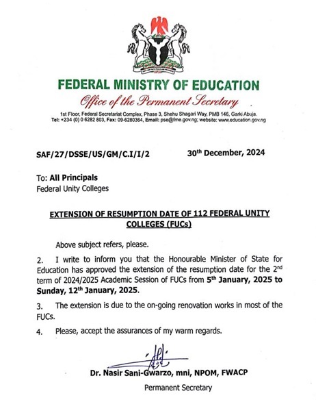 Confusion over resumption date of Unity Schools as fresh information indicates withdrawal of circular announcing shift in date