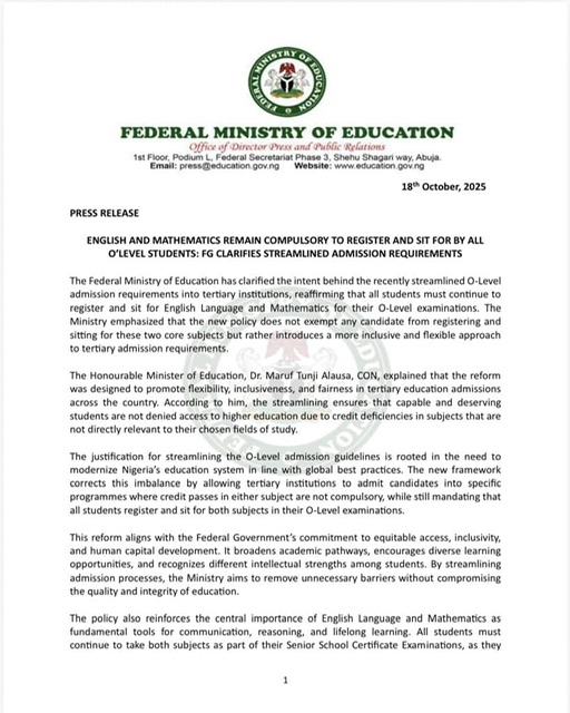 English, Mathematics remain compulsory to register and sit for all ‘level students: FG clarifies streamlined admission requirements 
