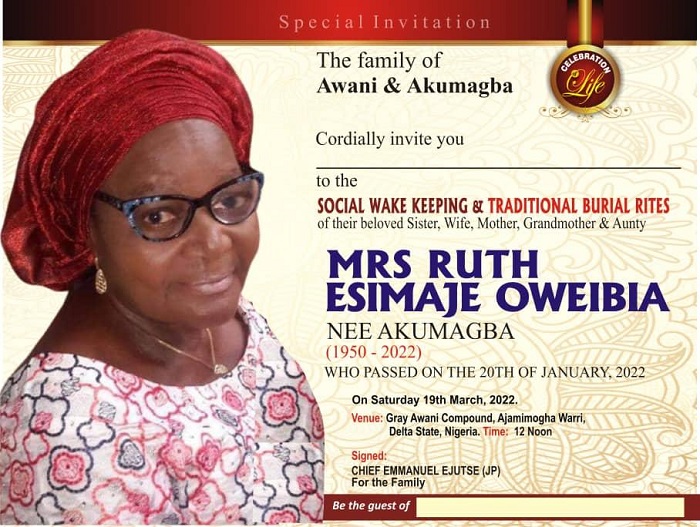 Alero Tenumah’s mother, Mrs. Ruth Oweibia to be buried March 19