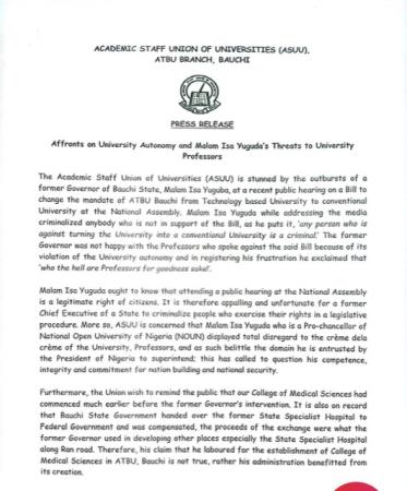 Affronts on University Autonomy and Malam Isa Yuguda's Threats to University Professors